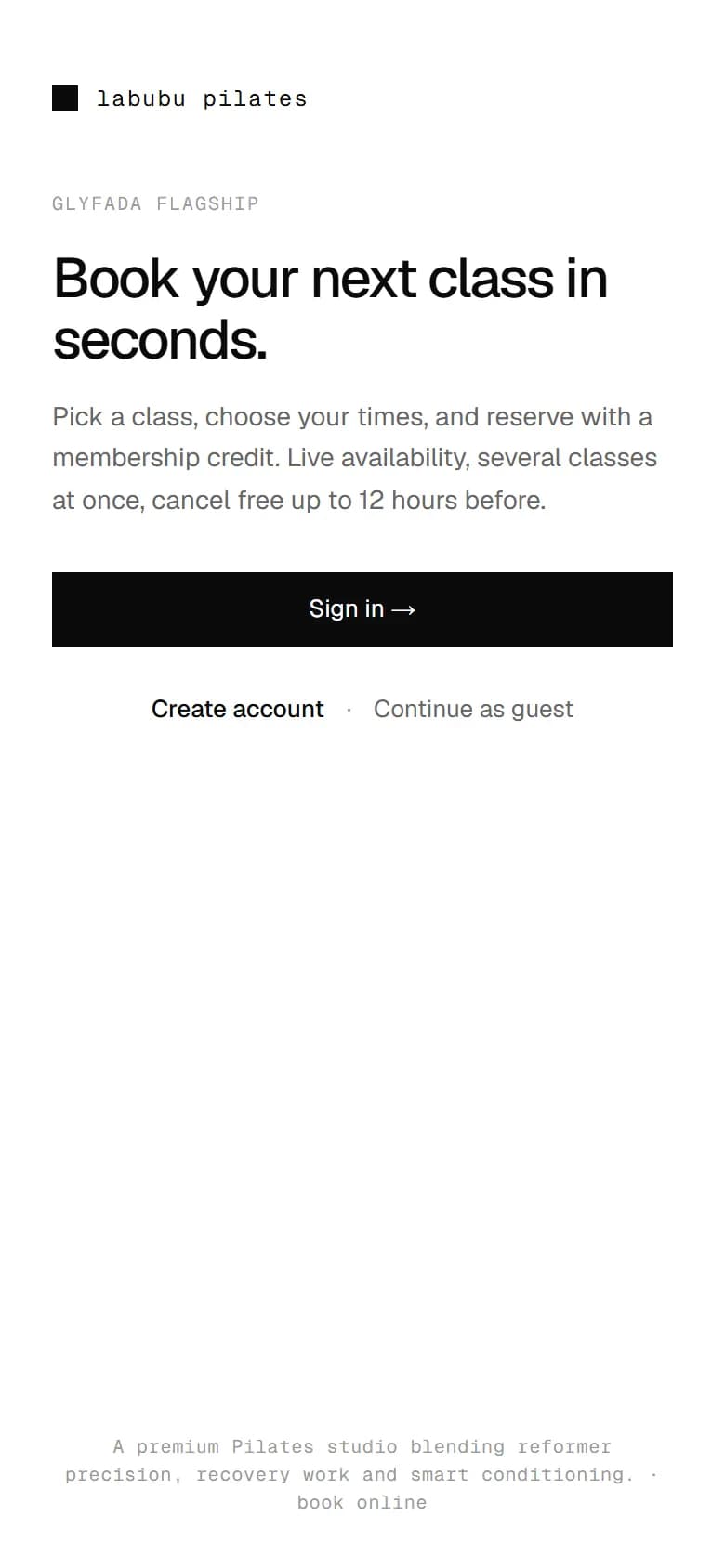 A booking page on a studio's own address, opened on a phone.