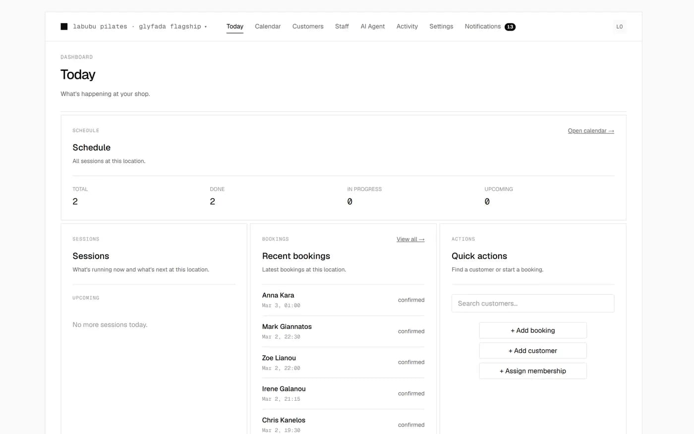 The Matcha dashboard: the day's schedule, the roster and recent bookings on one screen.